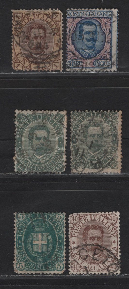 Lot 253 (C) Italy SC#52-54, 56, 91 5c-5L Dark Green - Blue & Rose Humbert I & Victor Emmanuel III, 1889-1926 King Victor Emmanuel & Humbert I Keyplates, 6 VG Used Singles Including 2 Shades Of 45c, Most With Perf. Faults