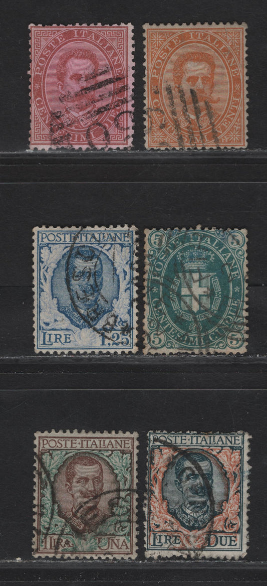 Lot 254 (C) Italy SC#46-47, 52, 87-89 10c-2L Claret - Dark Green & Orange Arms of Savoy, Victor Emmannuel III & Humbert I, 1879-1926 King Victor Emmanuel & Humbert I Keyplates, 6 VF & Fine Used Singles