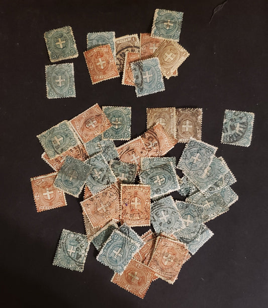 Lot 255 (C) Italy SC#73-75 1c-5c Brown-Green Arms Of Savoy, 1896-1897 Arms Of Savoy Keyplates, 60-75 VG & Fine Used Singles In a Small Glassine Envelope, Unchecked For Inverted Wmks, Plate Flaws & Shades, Ideal For Further Study