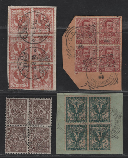 Lot 259 (C) Italy SC#76-79 1c-10c Brown-Claret Arms & Victor Emmanuel III, 1901-1926 Arms & Victor Emmanuel Keyplate Issue, 3 Fine Used Blocks of 4 & Block of 6 On Pieces