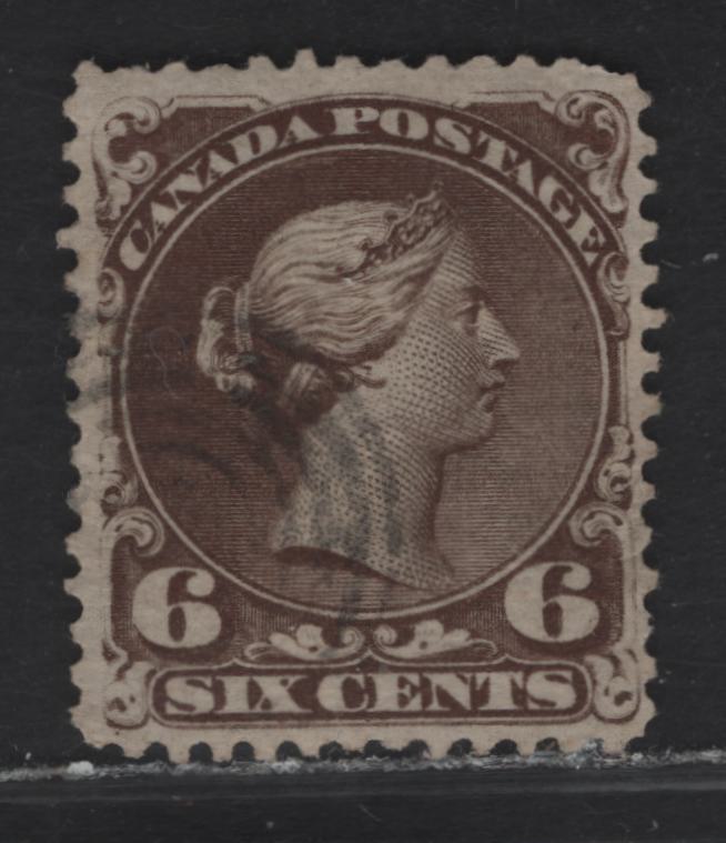 Lot 26 (C) Canada #27f 6c Very Dark Brown Queen Victoria, 1868-1876 Large Queen Issue, A Very Good Used Single, Paper FO-DD (Duckworth 2), Perf 12x12.1, Tiny Tear In Margin, Just To The Right Of The '6'.