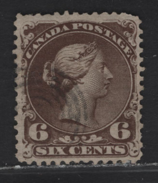 Lot 26 (C) Canada #27f 6c Very Dark Brown Queen Victoria, 1868-1876 Large Queen Issue, A Very Good Used Single, Paper FO-DD (Duckworth 2), Perf 12x12.1, Tiny Tear In Margin, Just To The Right Of The '6'.