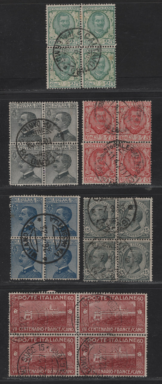 Lot 263 (C) Italy SC#96, 100, 103, 86, 82, 180 15c-75c Green & Pale Green - Red Brown Victor Emmanuel III & Assisi Monastery, 1901-1926 Victor Emmanuel Definitive Issue & Francis Of Assisi Issues, 6 Fine & VF Used Blocks of 4
