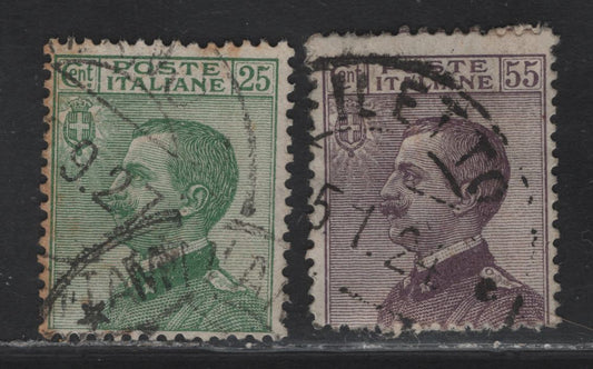 Lot 265 (C) Italy SC#101, 106 25c, 55c Green & Dull Violet Victor Emmanuel III, 1906-1919 Victor Emmanuel Definitive Issue , 2 VG & Fine Used Singles Key Values, Scarce, Some Toning On 25c