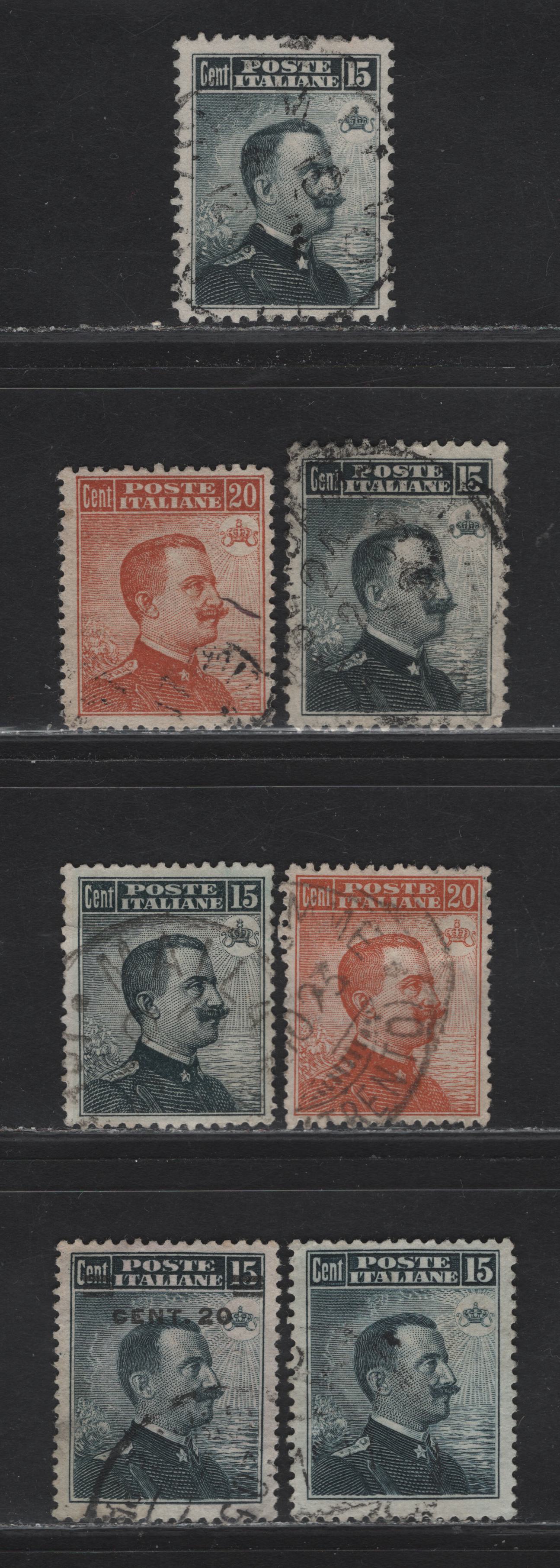 Lot 266 Italy SC#93, 111-113, 123, 129 15c-20c Slate & Brown Orange Victor Emmanuel III, 1906-1916 Victor Emmanuel Definitive Issue , 7 VF Used Singles All The Types, Wmk & Unwmk & Extra Shade Of The Slate, Engraved & Typographed