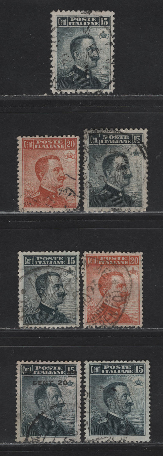 Lot 266 Italy SC#93, 111-113, 123, 129 15c-20c Slate & Brown Orange Victor Emmanuel III, 1906-1916 Victor Emmanuel Definitive Issue , 7 VF Used Singles All The Types, Wmk & Unwmk & Extra Shade Of The Slate, Engraved & Typographed
