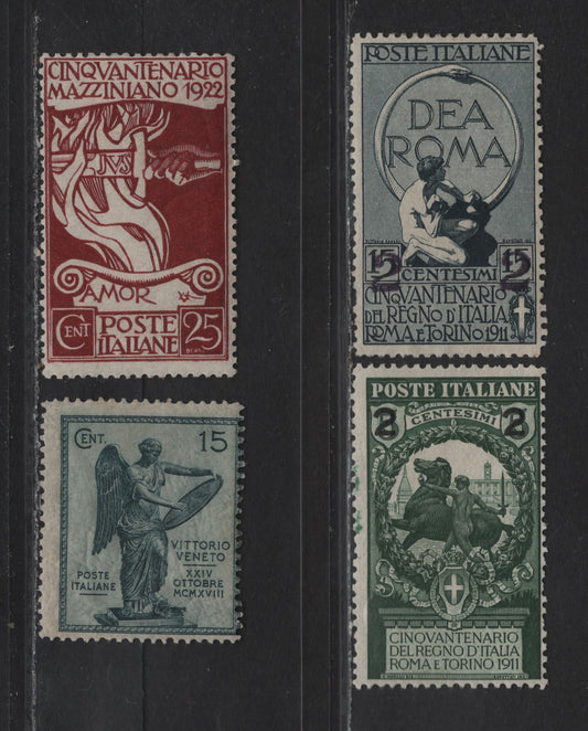 Lot 267 Italy SC#126, 128, 140, 138a 2c on 5c - 25c Deep Green - Maroon Symbol Of Valor - Flame & Sword, 1913-1922 Surcharges - Mazzini Issue, 4 Fine OG Singles Perf. 14 and 14 x 13.25