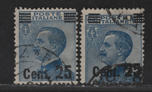 Lot 270 Italy SC#153, 153b 25c on 60c Blue Victor Emmanuel III, 1923-1925 Surcharges - Mazzini Issue, 2 VG & Fine Used Singles Type 1 & 2 Surcharges
