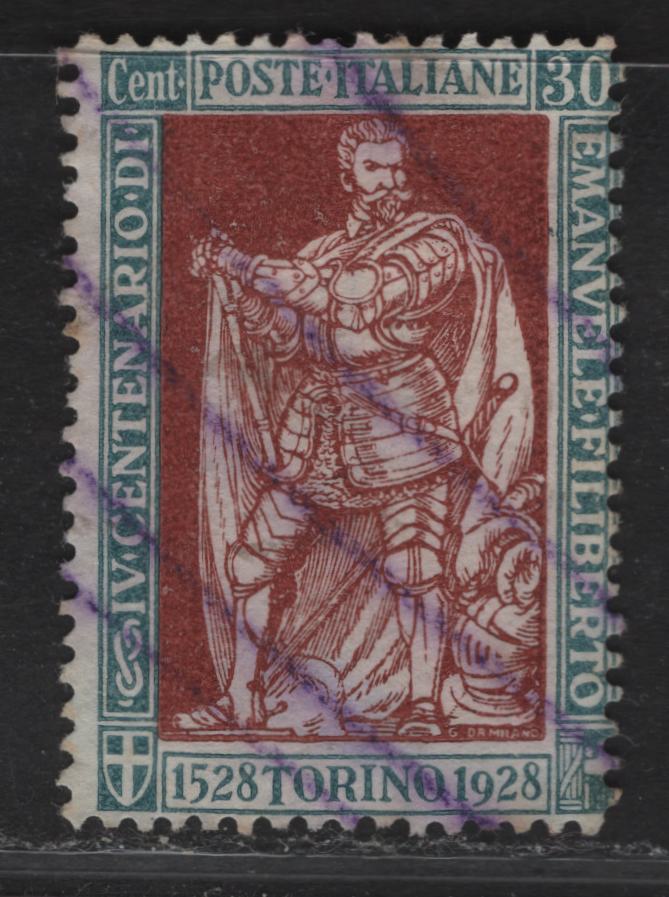 Lot 271 Italy SC#203b 30c Blue Green & Red Brown Emmanuel Philibert, 1928 Philibert Issue, A VG Used Single Perf. 13.5
