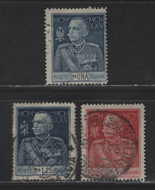 Lot 272 Italy SC#175a, 176a, 177 60c-1.25L Brown Carmine - Dark Blue Victor Emmanuel III, 1925-1926 Engraved Victor Emmanel High Values, 3 Fine Used Singles Perf. 13.5