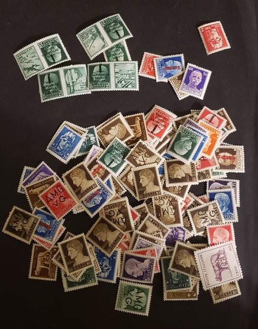 Lot 274 Italy SC#213/227 5c-5L 1929-1945 Photogravure Definitive Issue, 80-100 Fine-VF OG & NH Singles In a Small Glassine Envelope, Unchecked For  Wmks, Plate Flaws & Shades, Ideal For Study, Also Includes Italian Social Republic & AMG Overprints