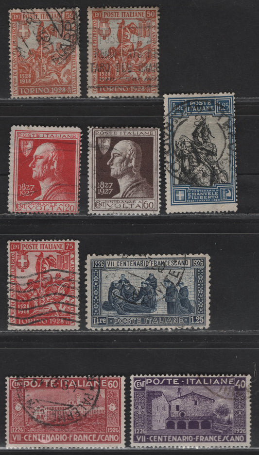 Lot 276 Italy SC#179-180, 182, 188, 190, 204-206 40c-1.25L Dark Violet - Blue & Black Monastery Of St. Damien - Philibert Statue, 1926-1928 St. Francis Of Assissi - Philibert Issues, 9 Fine Used Singles Includes Two Shades Of 50c Philibert