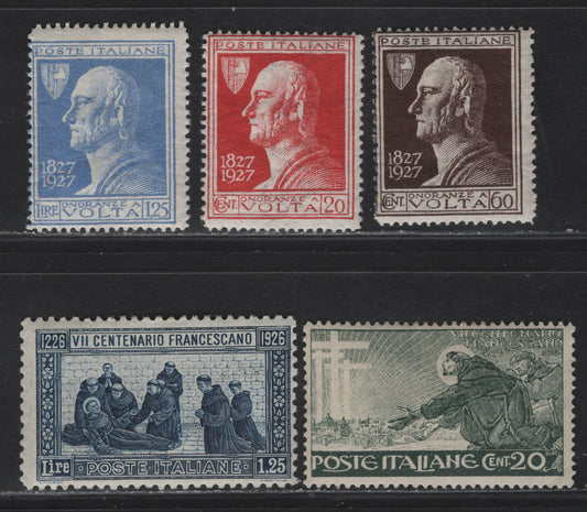 Lot 278 Italy SC#178, 182, 188, 190, 191 20c-1.25L Grey Green - Pale Ultramarine St. Francis-Alessandro Volta, 1926-1927 St. Francis Of Assisi & Volta Issues, 5 Fine OG Singles