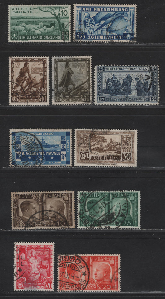 Lot 279 (C) Italy SC#182, 260, 267, 358, 359, 413-415, 400-401, 403 1.25L - 25c  Dark Blue - Green, 1926-1941 St. Francis Of Assisi Issue - Rome-Berlin Axis Issue, 11 Fine & VF Used Singles #260, 401, 403 Are Faulty & Not Counted