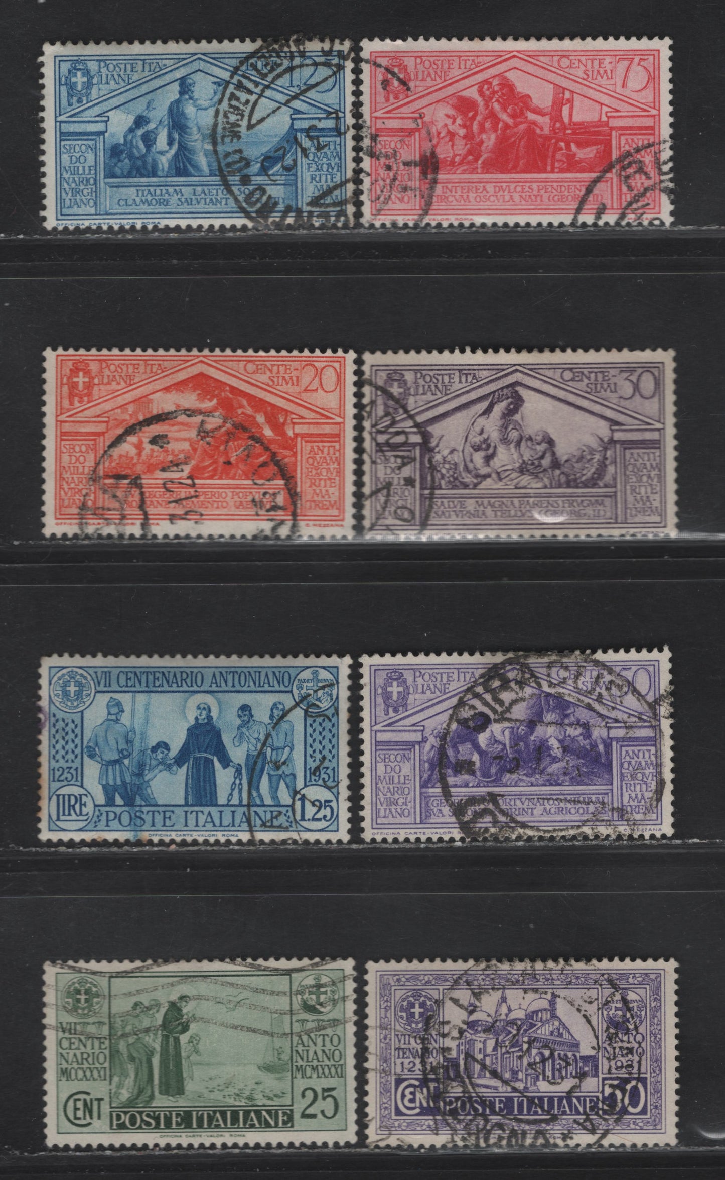 Lot 281 Italy SC#249, 251-254, 259, 261, 262 20c-1.25L Orange-Blue Various Scenes, 1930-1931 Virgil & St. Anthony Issues, 8 Fine & VF Used Singles All With Dated, Contemporary Postal Cancels