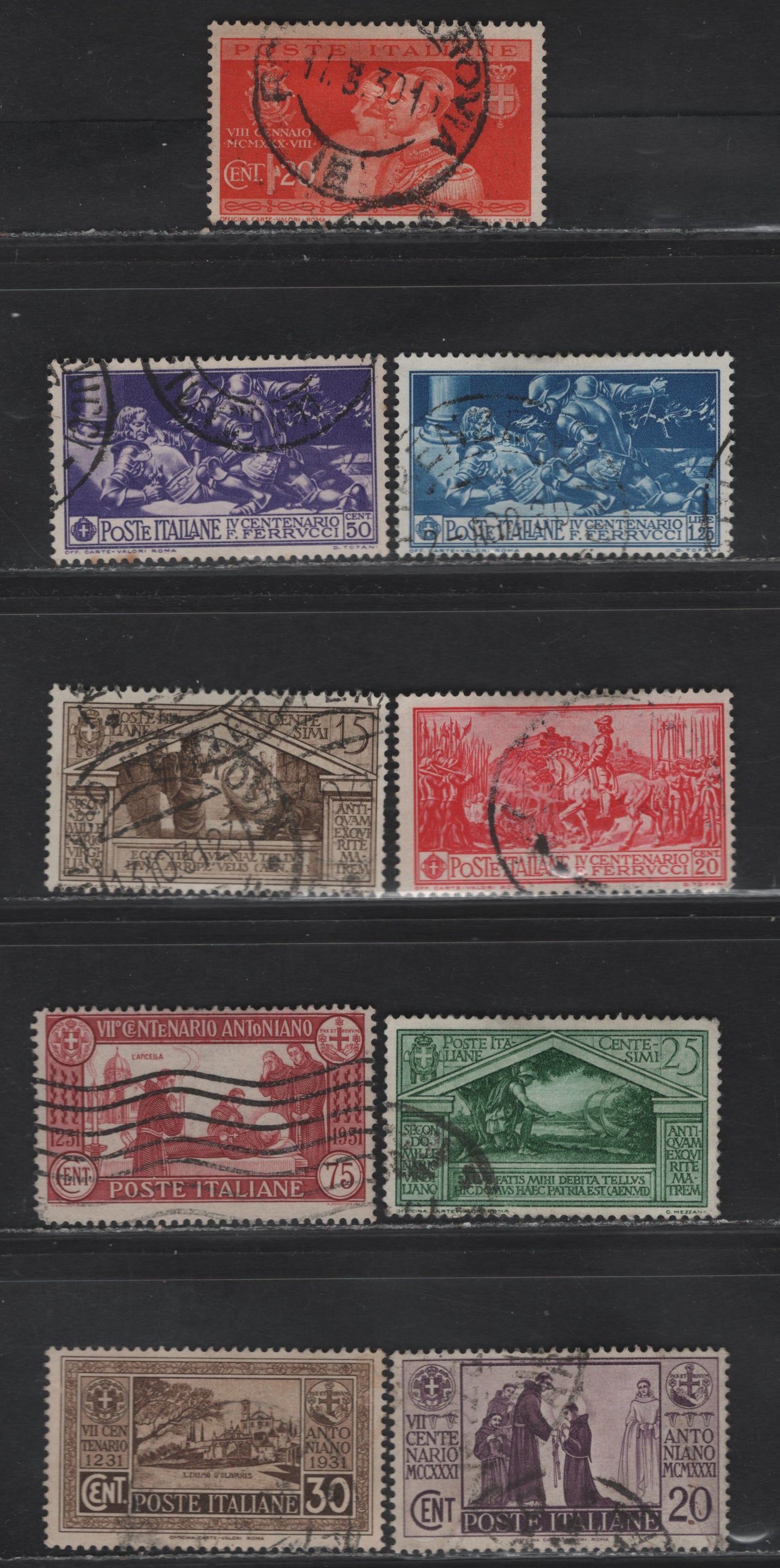 Lot 282 Italy SC#239, 244-245, 242, 248, 250, 258, 260, 263 20c-75c Orange-Brown Red 1930-1931 Royal Marriage - St. Anthony Issues, 9 Fine & VF Used Singles Most All All With Dated, Contemporary Postal Cancels