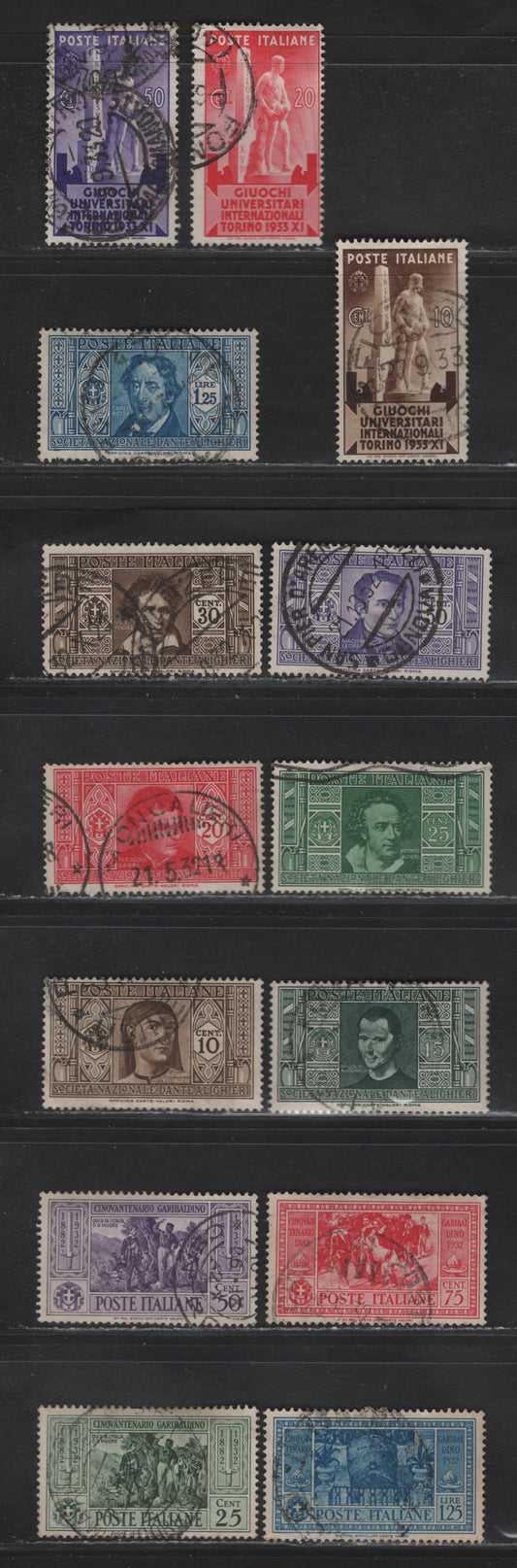 Lot 284 Italy SC#268/308 10c-50c Olive Brown-50c Purple Boccaccio - Athlete Statue, 1932-1933 Dante Alighieri Society Issue - Turin University Games Issue, 14 Fine & VF Used Singles Most All All With Dated, Contemporary Postal Cancels