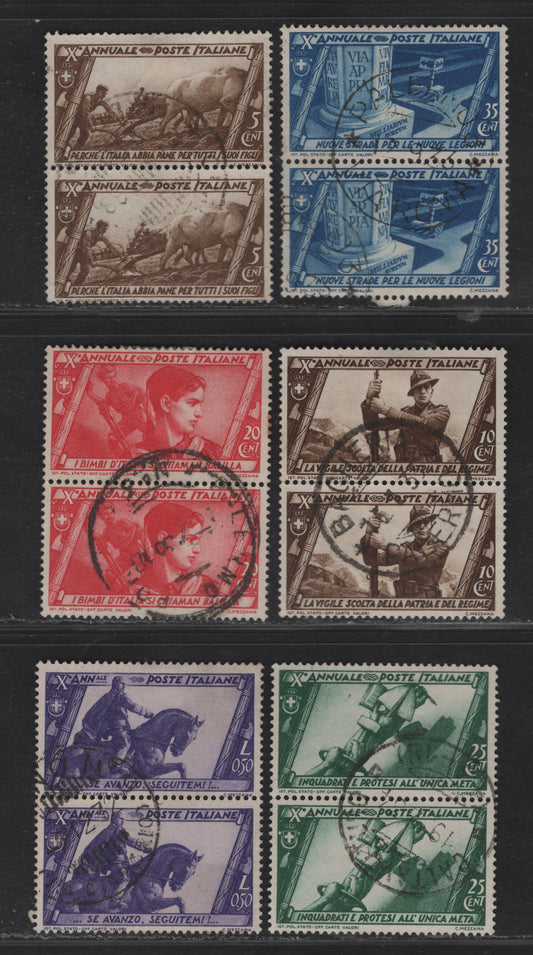 Lot 285 (C) Italy SC#290-291, 293-294, 296-297 5c-50c Olive Brown-Purple Various Scenes, 1932 March On Rome Issue, 6 VF Used Vertical Pairs All With Dated, Contemporary Postal Cancels
