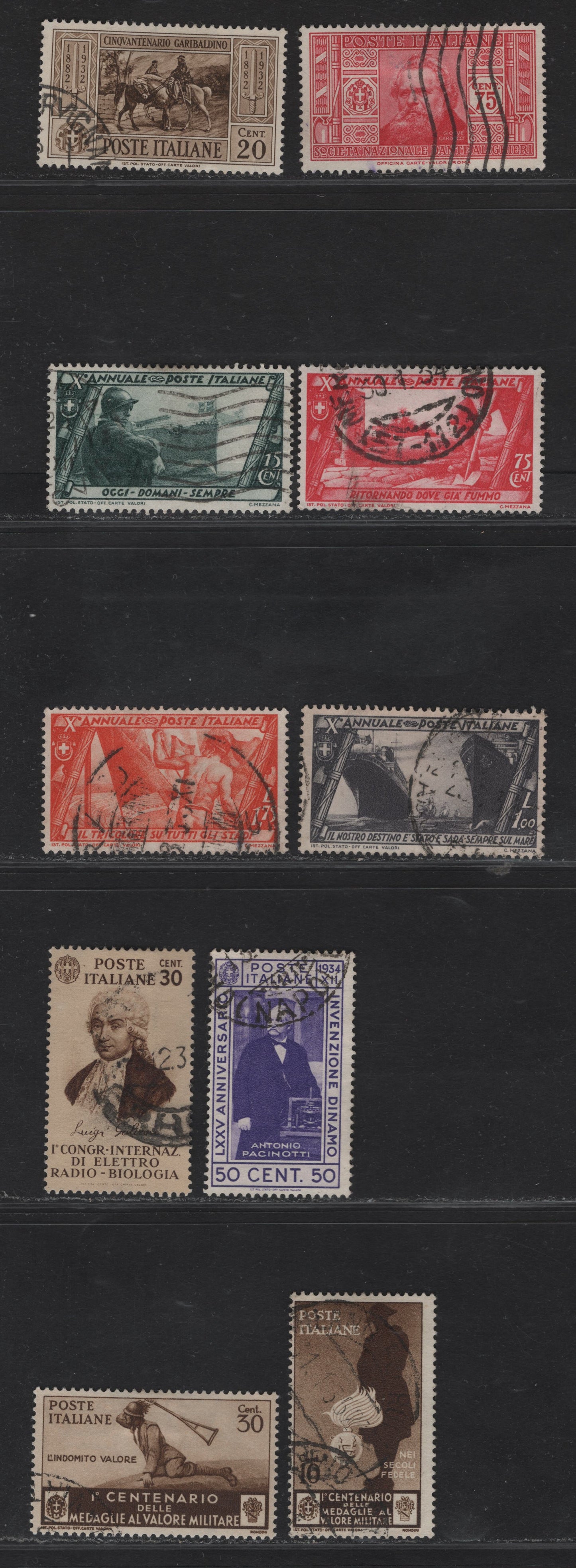 Lot 287 Italy SC#274/335 75c-30c Carmine Rose - Dark Brown Carducci-Military Courage, 1932-1934 Dante Alighieri Society Issue - Medal Of Valor Issue, 10 Fine & VF Used Singles Most All All With Dated, Contemporary Postal Cancels