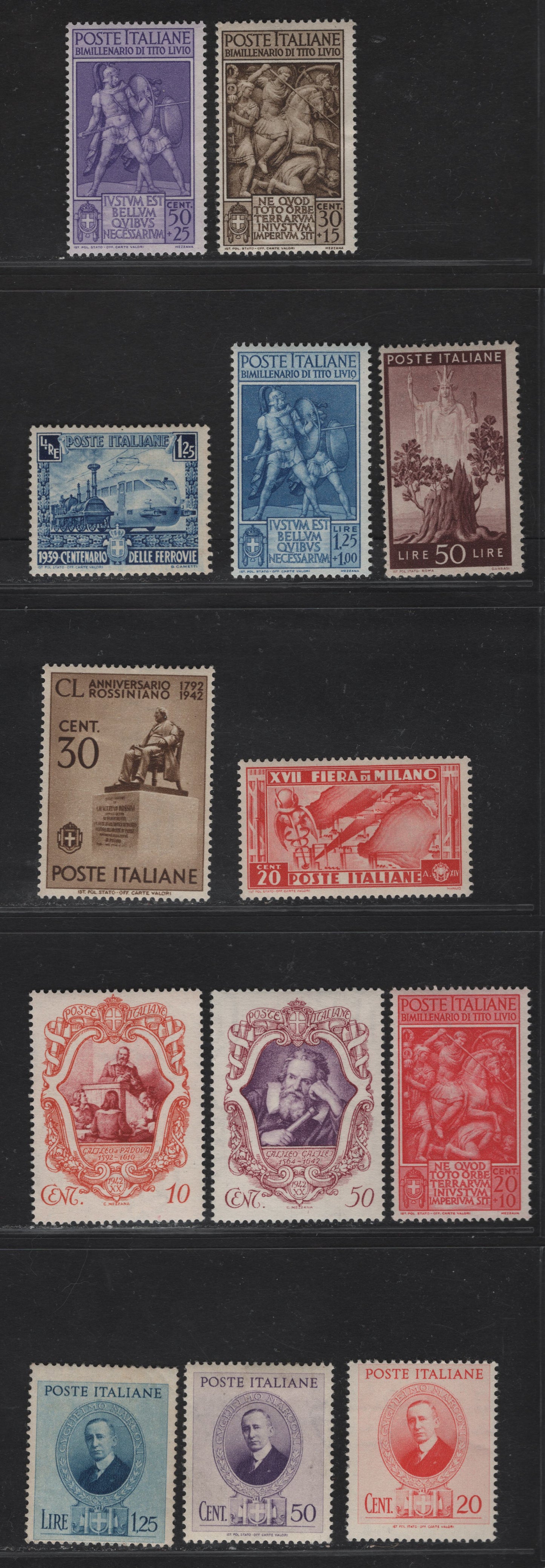Lot 288 Italy SC#B43-B46, 355, 397-399, 419, 421, 412, 424, 476 20c-1.25L+1 Red-Blue Map Of Italian Industries - Roman Warriors, 1936-1947 Milan Trade Fair - Birth Of Livy Issue, 13 Fine & VFOG Singles