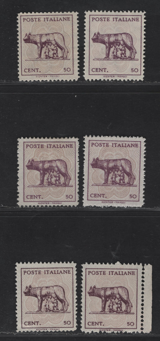 Lot 289 Italy SC#439-440 50c Rose Violet & Bistre Rose Romulus & Remus , 1944 Definitive Issue, 6 Fine & VF Unused Singles No Gum As Issued, Different Shades, 2 Watermarked, 4 Unwatermarked