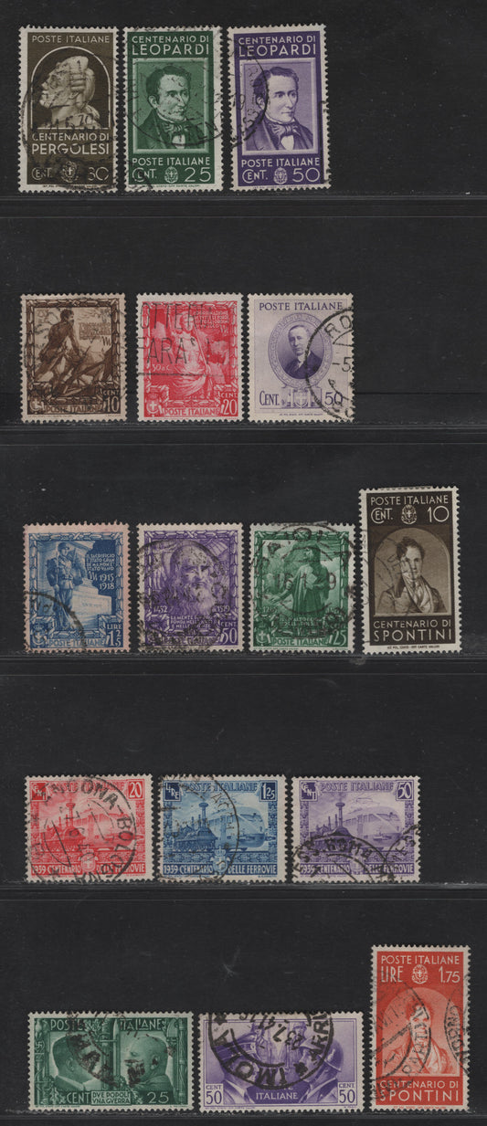 Lot 293 Italy SC#387/416 10c-50c Dark Brown-Violet Spontini-Hitler & Mussolini, 1937-1941 Centennials of Italian Musicians - Rome-Berlin Axis Issues, 16 Fine & VF Used Singles Most All All With Dated, Contemporary Postal Cancels