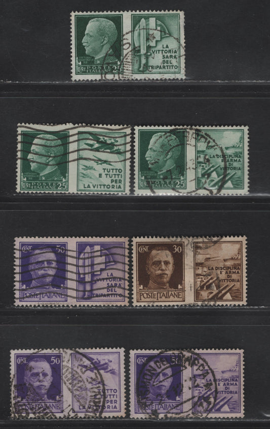 Lot 294 Italy SC#427-429, 434, 435-437 25c-50c Deep Green-Purple Victor Emmanuel III & Scenes, 1942 Italian Army Issue, 7 Fine & VF Used Singles