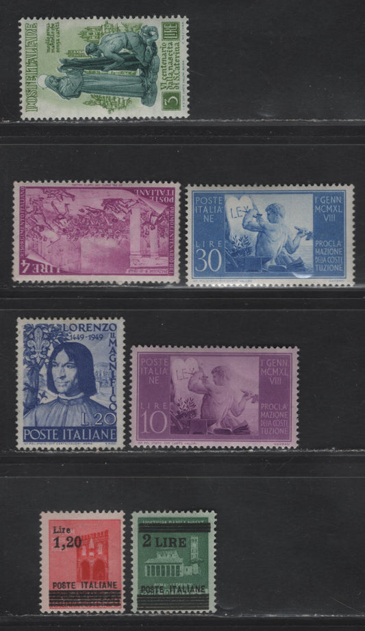 Lot 298 Italy SC#461-462, 489, 493-494, 496, 523 1.2L on 20c - 30L Crimson-Violet Blue Logia dei Merccanti - Medici, 1945-1949 Surcharges-Medici Issue, 7 Fine & VF OG & NH Singles #493-494 & #496 are NH