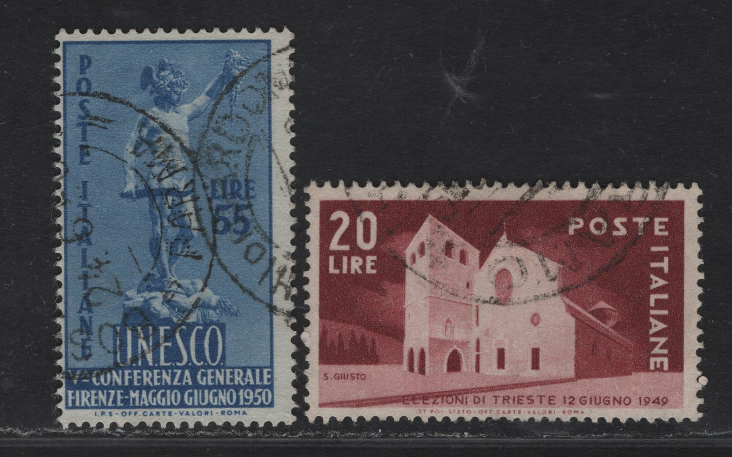 Lot 300 Italy SC#521, 534 20L & 55L Brown Red & Blue Basilica of St. Just & Perseus, 1949-1950 Trieste Election & UNESCO Conference Issues, 2 Fine Used Singles