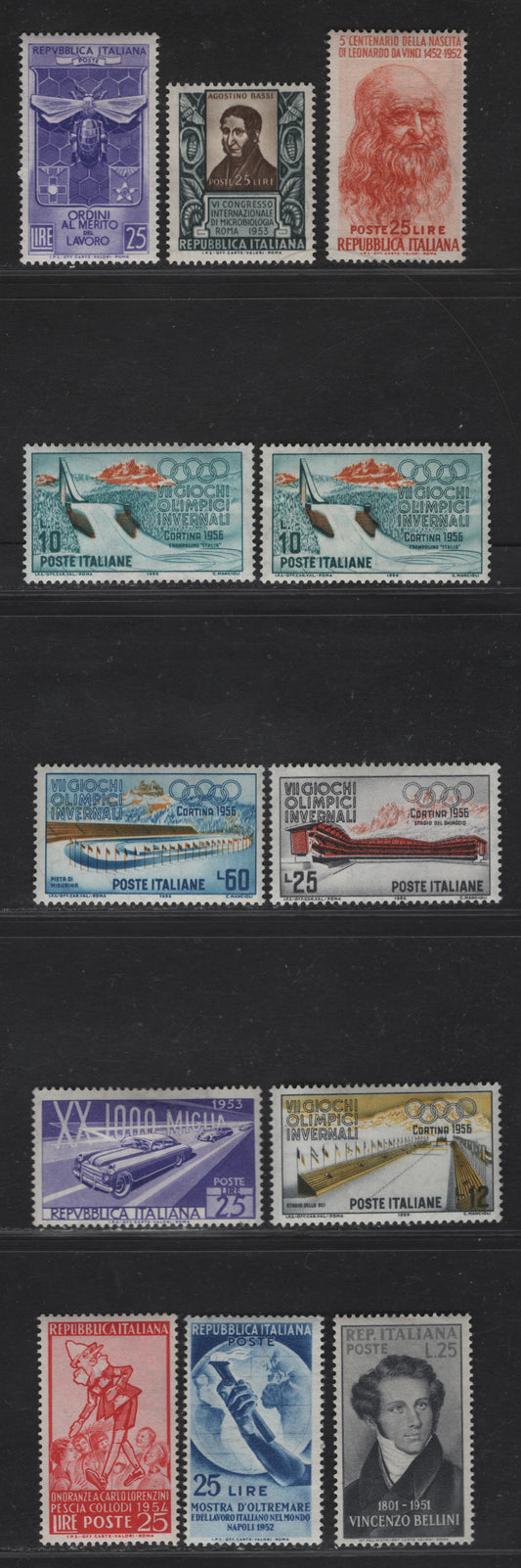 Lot 302 Italy SC#597, 601, 604, 622-623, 640, 660, 705-707 25l - 60l Gray Black - Sapphire & Orange Vincenzo Bellini - Lake Misurina, 1952-1956 Bellini - Winter Olympic Games Issues, 12 F/VFOG/NH Singles