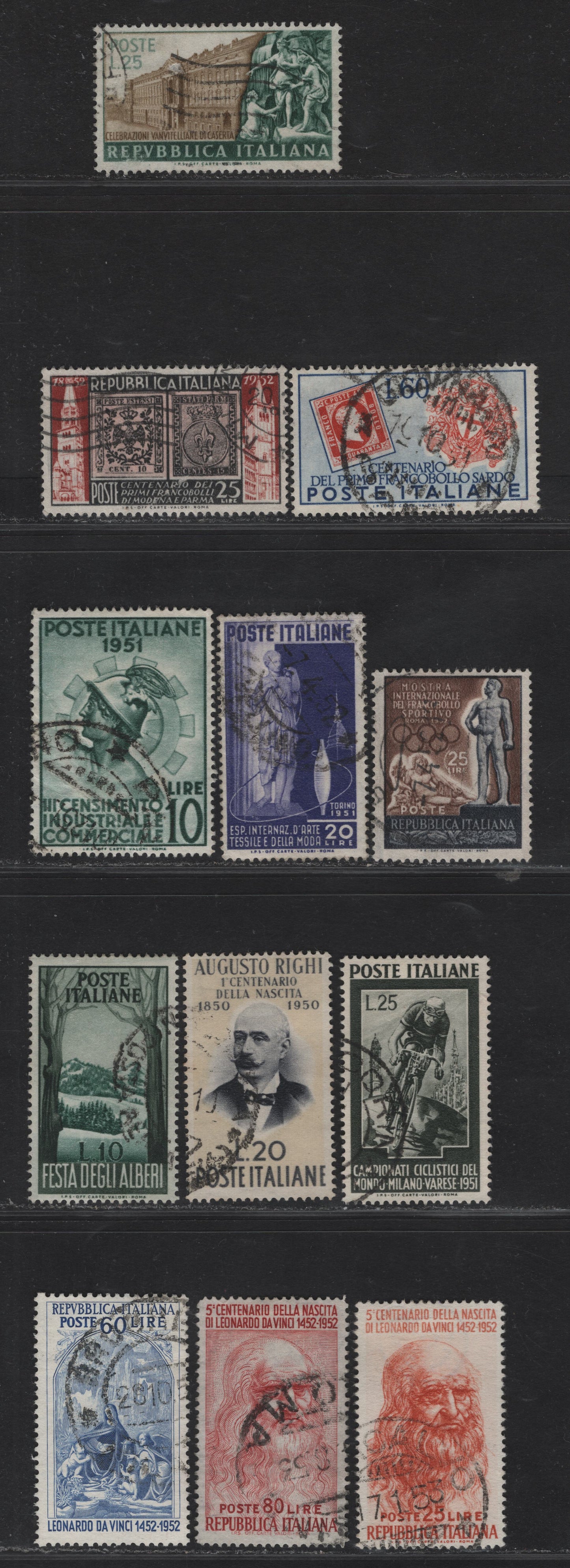Lot 303 Italy SC#584, 577, 589-590, 592, 598-599, 601-602, 548 20l - 25l Cream & Gray Black - Black & Red Brown Augusto Righi - First Stamps & Cathedral Bell Towers, 1950-1952 Augusto Righi - Stamp Centenary Issues, 12 Fine/Very Fine Used Singles