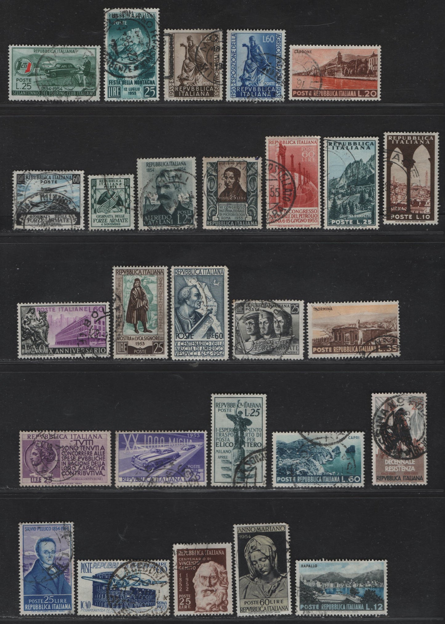 Lot 306 Italy SC#611, 613-615, 617, 622, 634-636, 639-646, 651-654, 664, 666-667, 669 60l - 60l Violet Blue & Dark Blue - Black & Bright Purple Colosseum - Grain Cart, 1952-1955 ICAO Conference - Institute of Agriculture, 27 Very Fine Used Singles