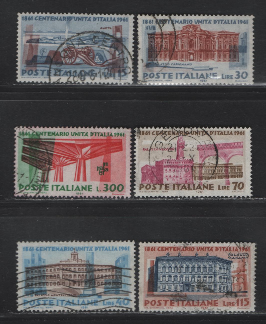 Lot 307 Italy SC#839-844 15l - 300l Multicolored Carignano Palace - Steel Construction, 1961 Centenary of Italian Union Issue, 6 Fine/Very Fine Used Singles