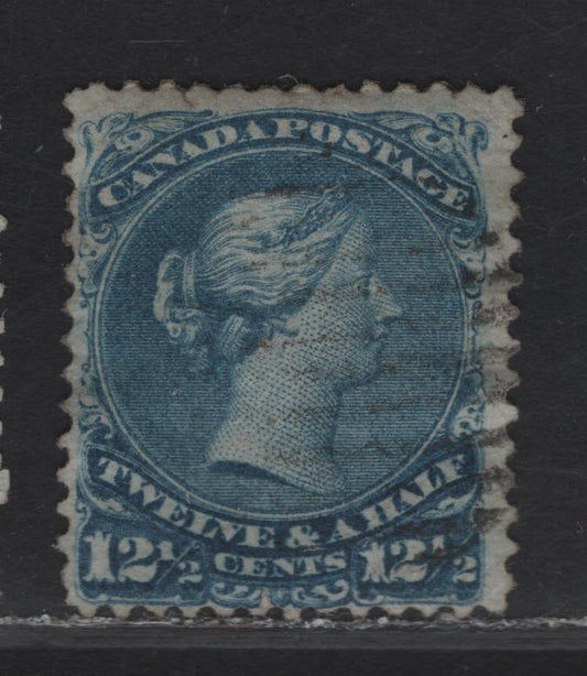 Lot 31 (C) Canada #28b 12.5c Blue Queen Victoria, 1868-1876 Large Queen Issue, A Very Good Used Single, Paper FO-U (Duckworth Paper 2), Perf 12x12.1, Tiny Tear In Upper Left Margin Above UL Scrollwork.