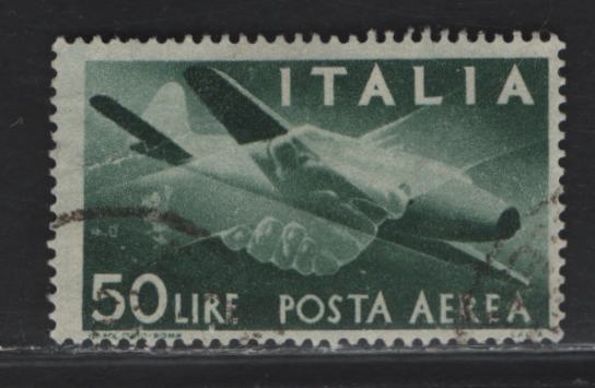Lot 312 Italy SC#C113 50l Dark Green Plane & Clasped Hands, 1945-1947 Airmail Issue, A Fine Used Single
