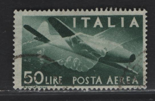 Lot 312 Italy SC#C113 50l Dark Green Plane & Clasped Hands, 1945-1947 Airmail Issue, A Fine Used Single