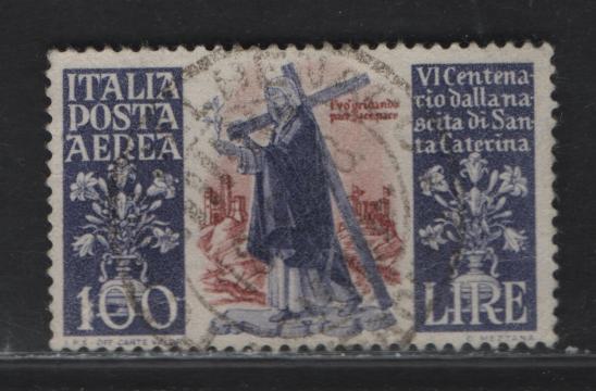 Lot 313 Italy SC#C127 100l Blue Violet & Brown Orange St Catherine Carrying Cross, 1948 St Catherine Airmail Issue, A Very Good Used Single, Heavy Diagonal Crease Visible From The Back