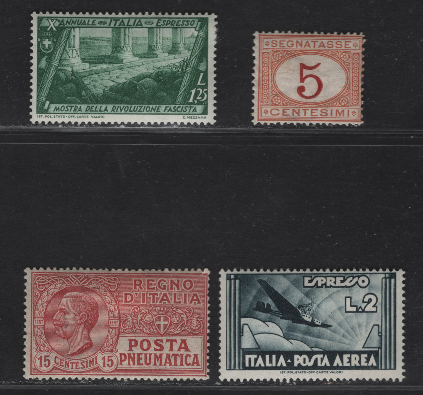 Lot 316 Italy SC#CE3, D3, E13, J5 2l - 5c Gray Black - Bluff & Magenta Airplane & Sunburst - Numeral, 1870-1934 Postage Dues - Airmail Issues, 4 FOG Singles