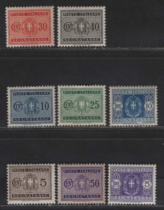 Lot 319 Italy SC#J28-J29, J31-J34, J38-J39 5c - 10l Brown - Blue Coat of Arms, 1934 Postage Due Issue With Fasces, 8 F/VFOG Singles