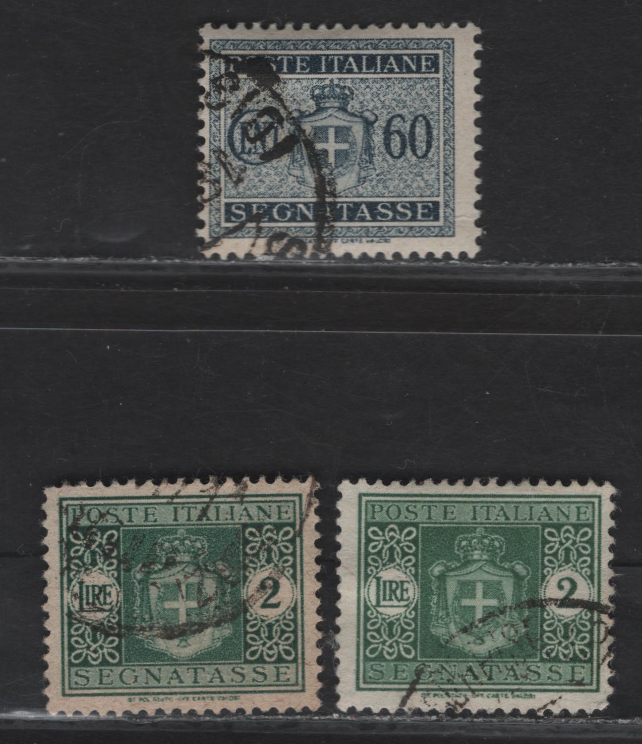 Lot 320 Italy SC#J59, J61 60c - 2l Blue Black - Green Coat of Arms, 1945-1946 Postage Due Issue With Fasces, 3 Fine/Very Fine Used Singles, Winged Wheel Wmk, Includes 2 Shades of 2l, Cancel on 60c Looks Genuine.