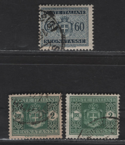 Lot 320 Italy SC#J59, J61 60c - 2l Blue Black - Green Coat of Arms, 1945-1946 Postage Due Issue With Fasces, 3 Fine/Very Fine Used Singles, Winged Wheel Wmk, Includes 2 Shades of 2l, Cancel on 60c Looks Genuine.