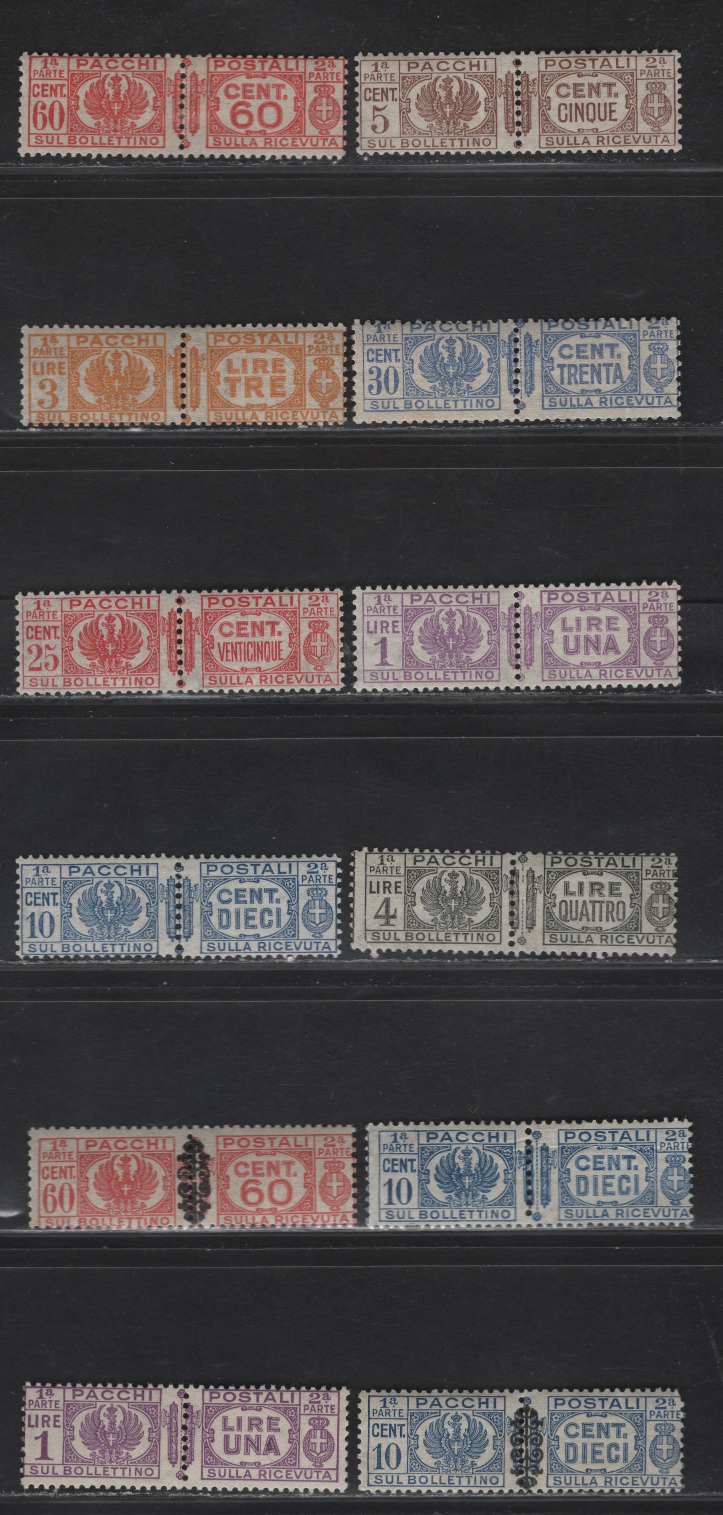 Lot 322 Italy SC#Q24-Q27, Q29-Q30, Q33-Q34, Q38, Q42 5c - 4l Brown - Gray Arms & Writing, 1927-1939 Parcel Post Issue, 12 F/VFOG Pairs, With Fasces & Fasces Obliterated