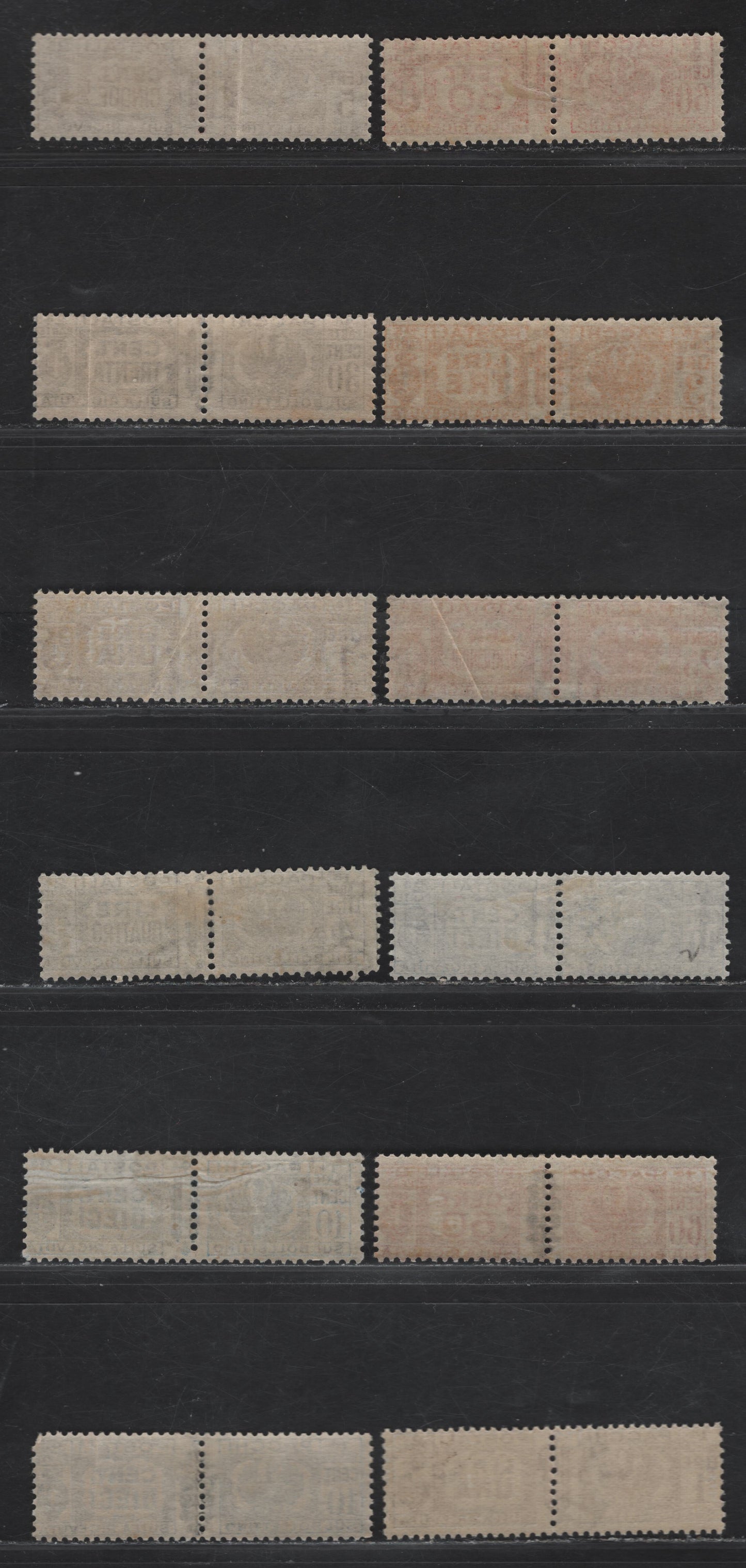 Lot 322 Italy SC#Q24-Q27, Q29-Q30, Q33-Q34, Q38, Q42 5c - 4l Brown - Gray Arms & Writing, 1927-1939 Parcel Post Issue, 12 F/VFOG Pairs, With Fasces & Fasces Obliterated