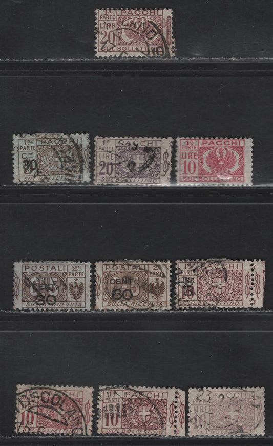Lot 323 Italy SC#Q16, Q19-Q21, Q23, Q36, Q59 10l - 10l Lilac - Rose Lilac Cross & Value - Arms & Writing, 1914-1946 Parcel Post Issues, 10 Fine/Very Fine Used Singles, Used Halves Of Higher Issues, Includes 3 Shades Of first 10l