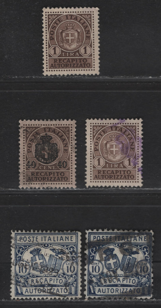 Lot 326 Italy SC#EY1, EY1y, EY3, EY5 10c - 1l Dull Blue - Dark Brown Coat of Arms, 1928-1946 Authorized Delivery Issues, 5 Very Fine Used Singles, 10c Dull Blue Perfs 14 & 11