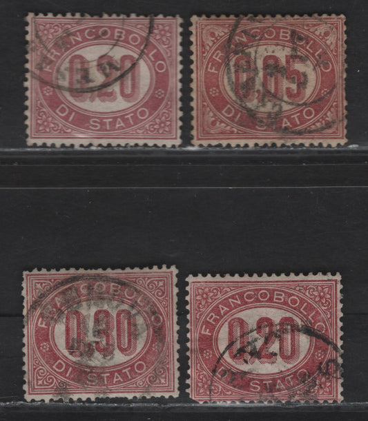 Lot 327 Italy SC#O2-O4 5c - 30c lake Numerals, 1875 Official Issue, 4 Fine/Very Fine Used Singles, 2 Shades of 20c