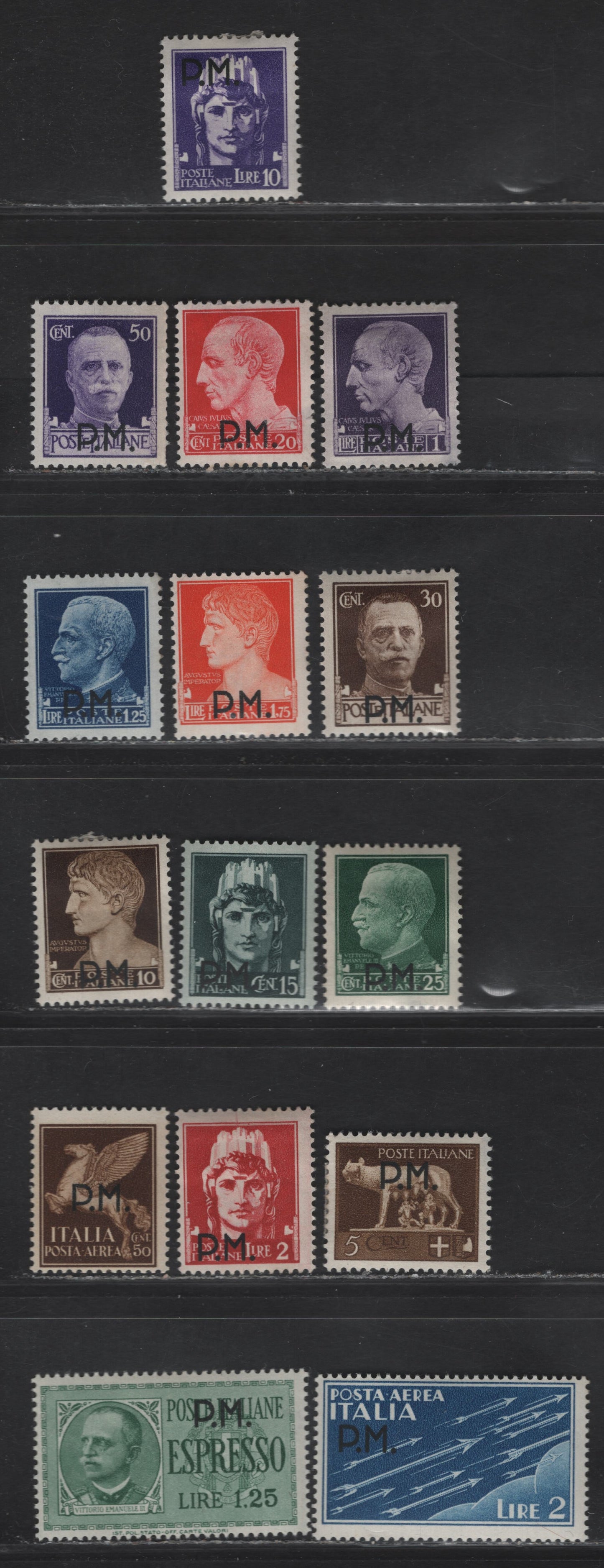 Lot 328 Italy SC#M1-M11, M13, MC1, MC3, ME1 5c - 1.25l Olive Brown - Green PM Overprints, 1943 Overprinted Issue, 15 F/VFOG Singles, Overprinted 1929-1932 Definitive, Airmail & Special Delivery Issues