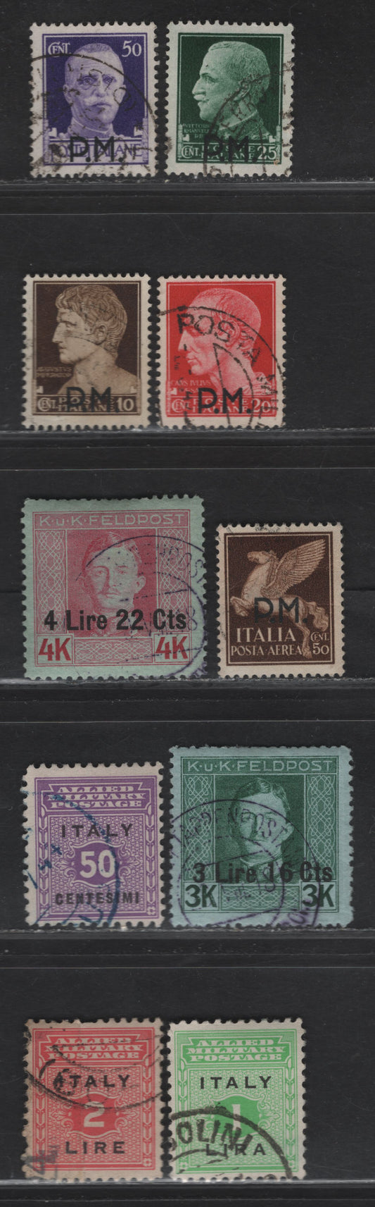 Lot 330 Italy SC#N18-N19, 1N4, 1N6-1N7, M2, M4-M5, M7, MC1 10c - 2l Dark Brown - Deep Rose Pm Overprinted Figures, 1943 Allied Military Govt Overprinted Issue, 10 Fine/Very Fine Used Singles