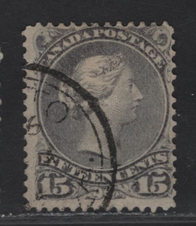 Lot 33 (C) Canada #30 15c Deep Gray Queen Victoria, 1868-1876 Large Queen Issue, A Fine Used Single, Late Second Ottawa Printing, Paper SO-JJ, Perf 12.1x12, Guide Dot Under The LL Corner.