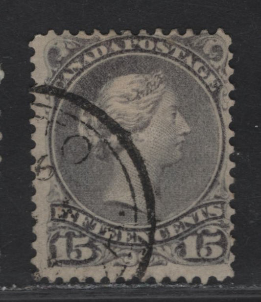 Lot 33 (C) Canada #30 15c Deep Gray Queen Victoria, 1868-1876 Large Queen Issue, A Fine Used Single, Late Second Ottawa Printing, Paper SO-JJ, Perf 12.1x12, Guide Dot Under The LL Corner.